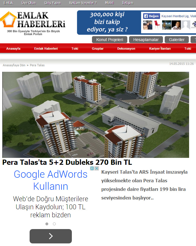 Emlakhaberleri.com Emlak haberleri sitesindeki PERA TALAS projemizle ilgili haberimiz.